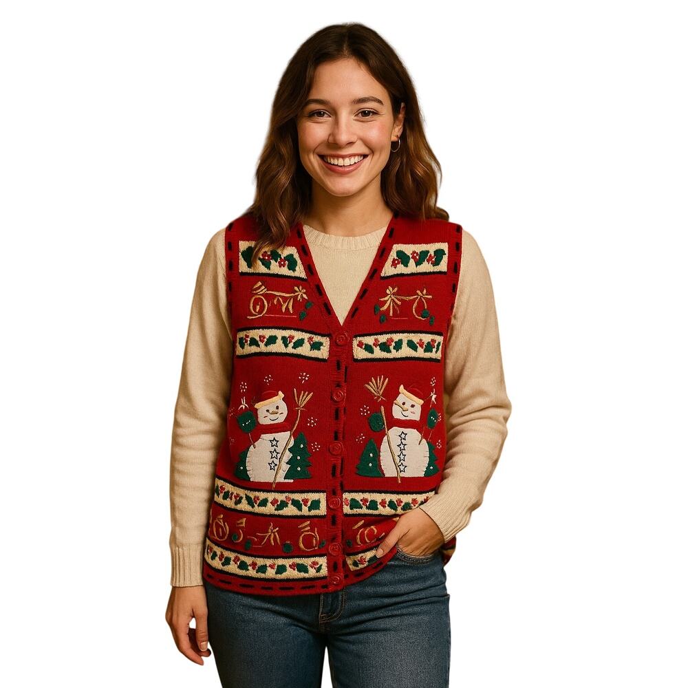 Vintage Bobbie Brooks Christmas Vest Small Snowman Embroidered Beaded holiday